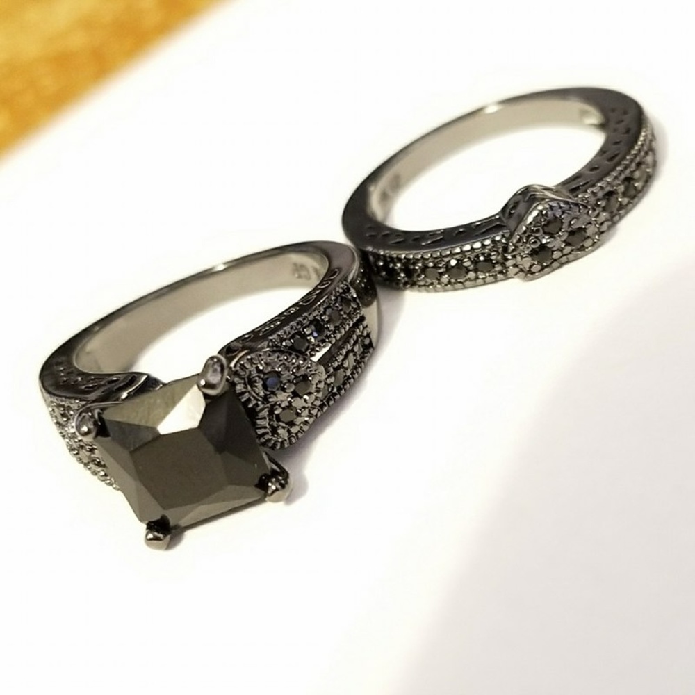 Valentines Black CZ Heart ❤️ Wedding Ring Set 7 - Picture 3 of 6